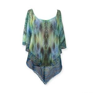 One World 0X Blues & Greens Abstract Boho Scarf Poncho Top Blouse flow